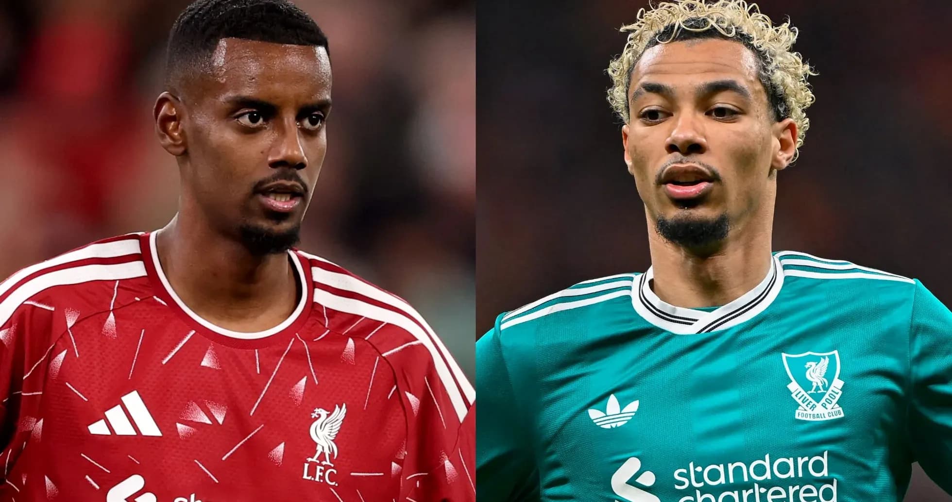 Two Liverpool players in training kits facing each other