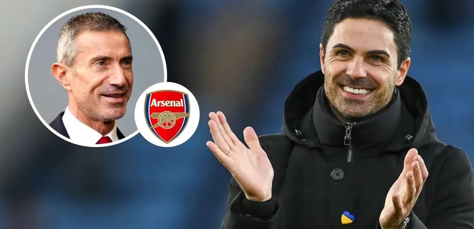 Mikel Arteta applauding with Arsenal logo in background