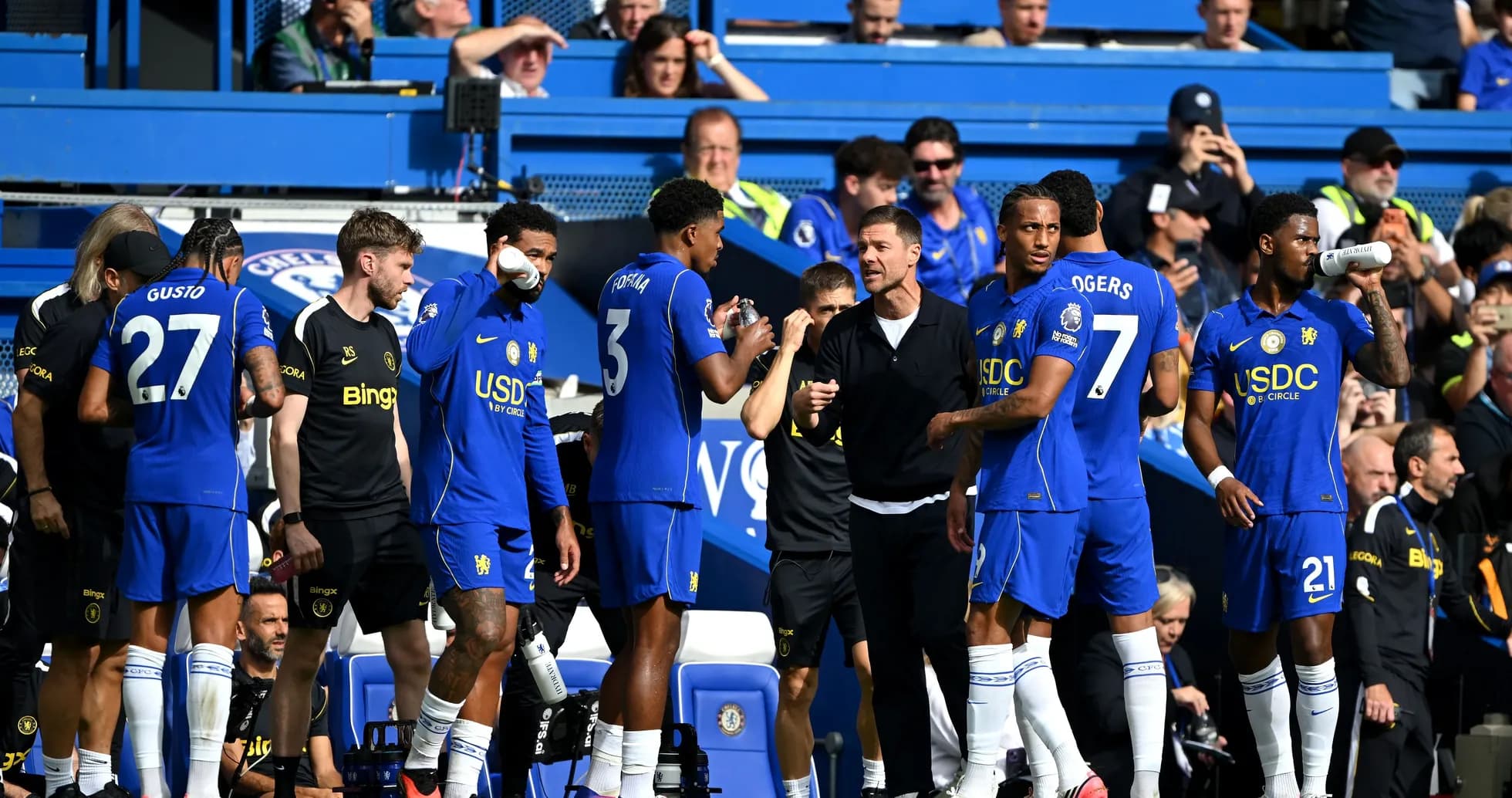Chelsea players on bench during match against opponent