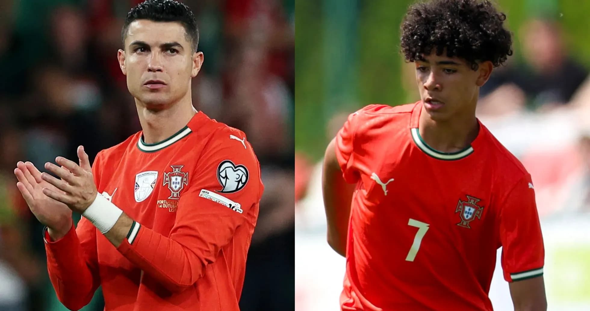 Two Portuguese players in red kits during match