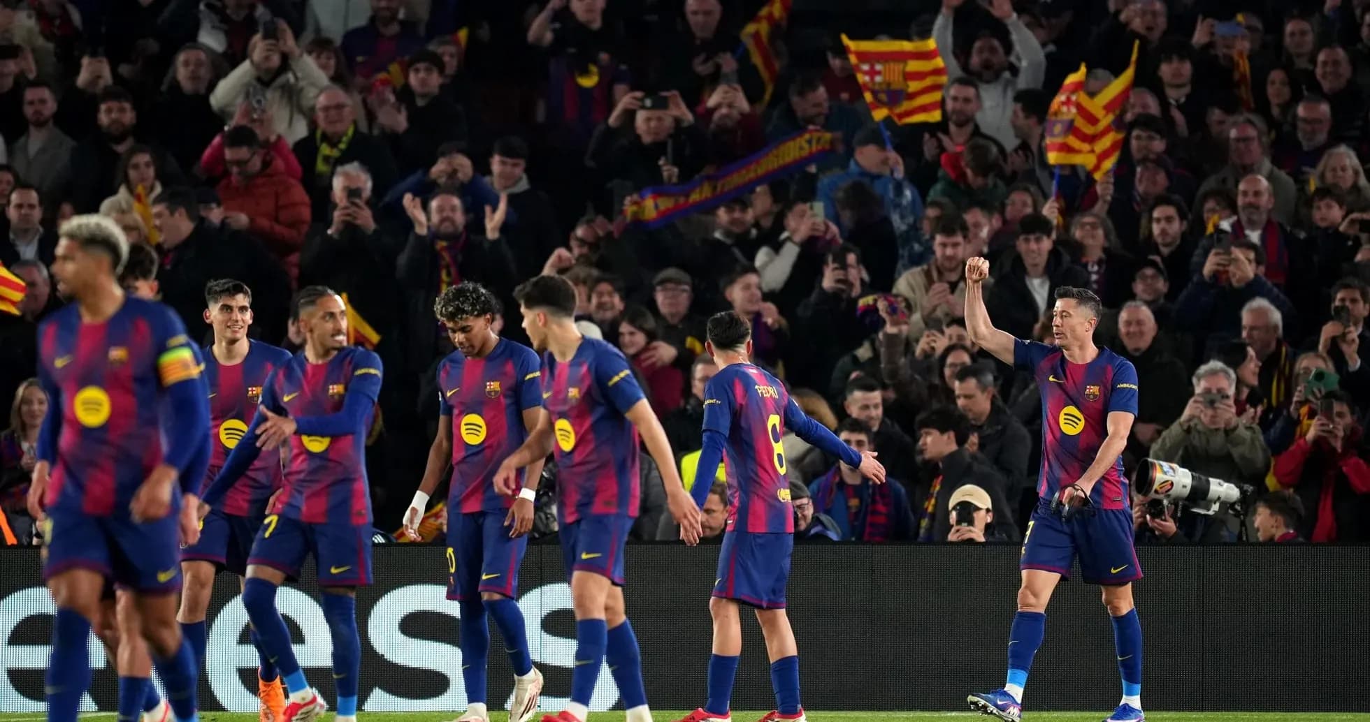 Barcelona players celebrating during a match