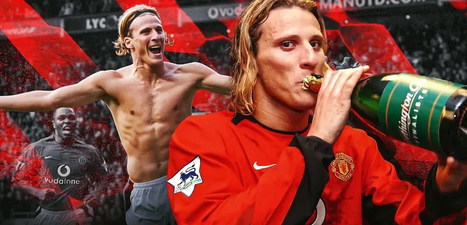 Player celebrating with champagne and teammates in background