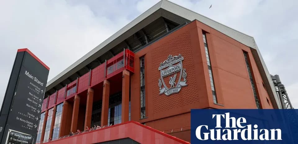 Exterior view of Anfield stadium with Liverpool FC logo