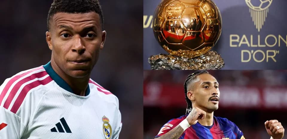 Mbappé and player celebrating with Ballon d'Or trophy