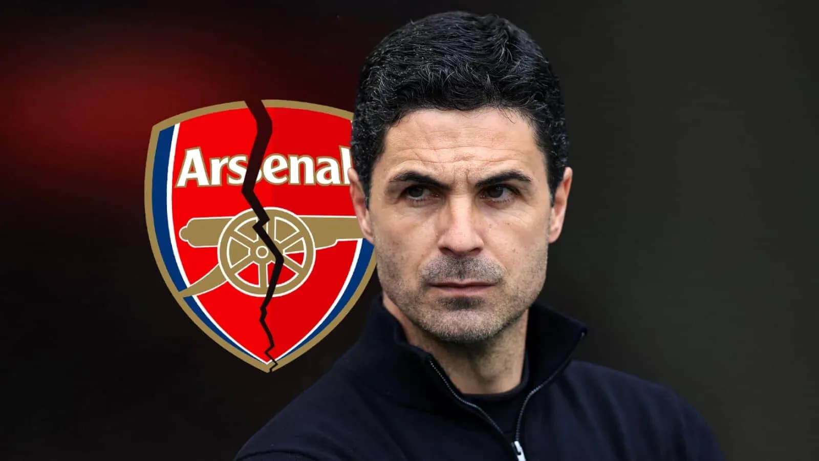 Arsenal manager with broken club logo background