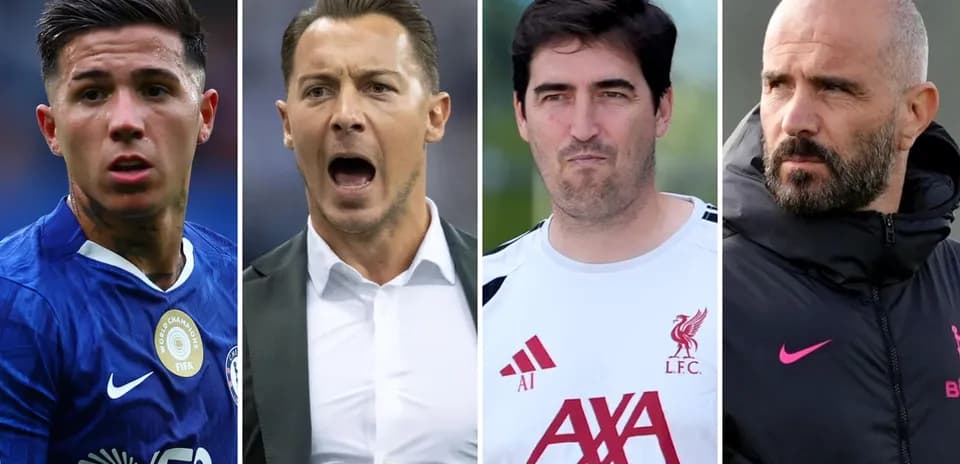 Four football personalities in various expressions and attire
