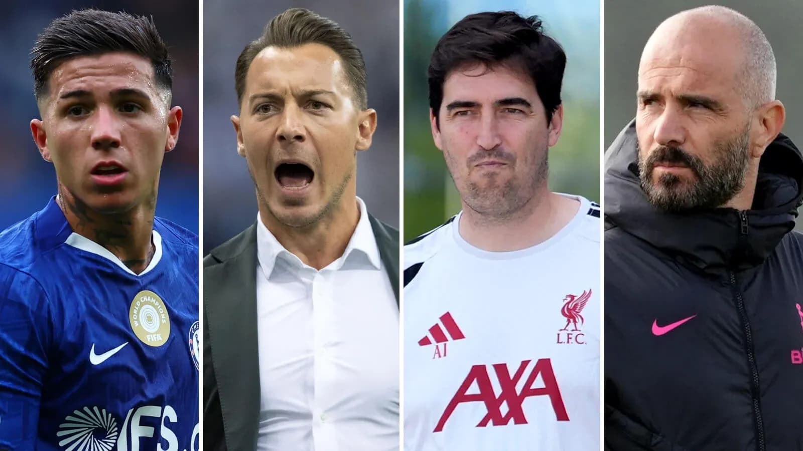 Four football personalities in various expressions and attire