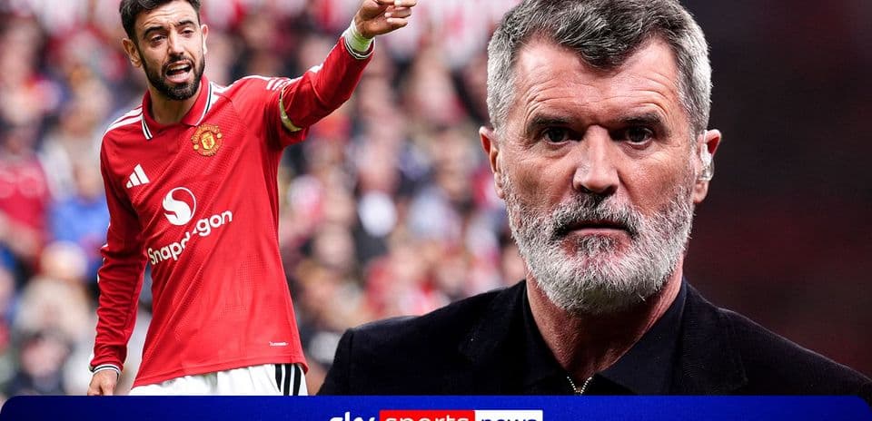Bruno Fernandes gesturing during match with Roy Keane observing