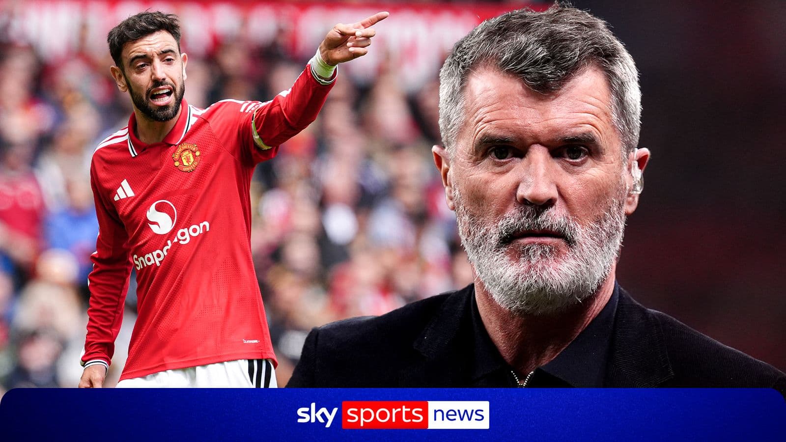 Bruno Fernandes gesturing during match with Roy Keane observing