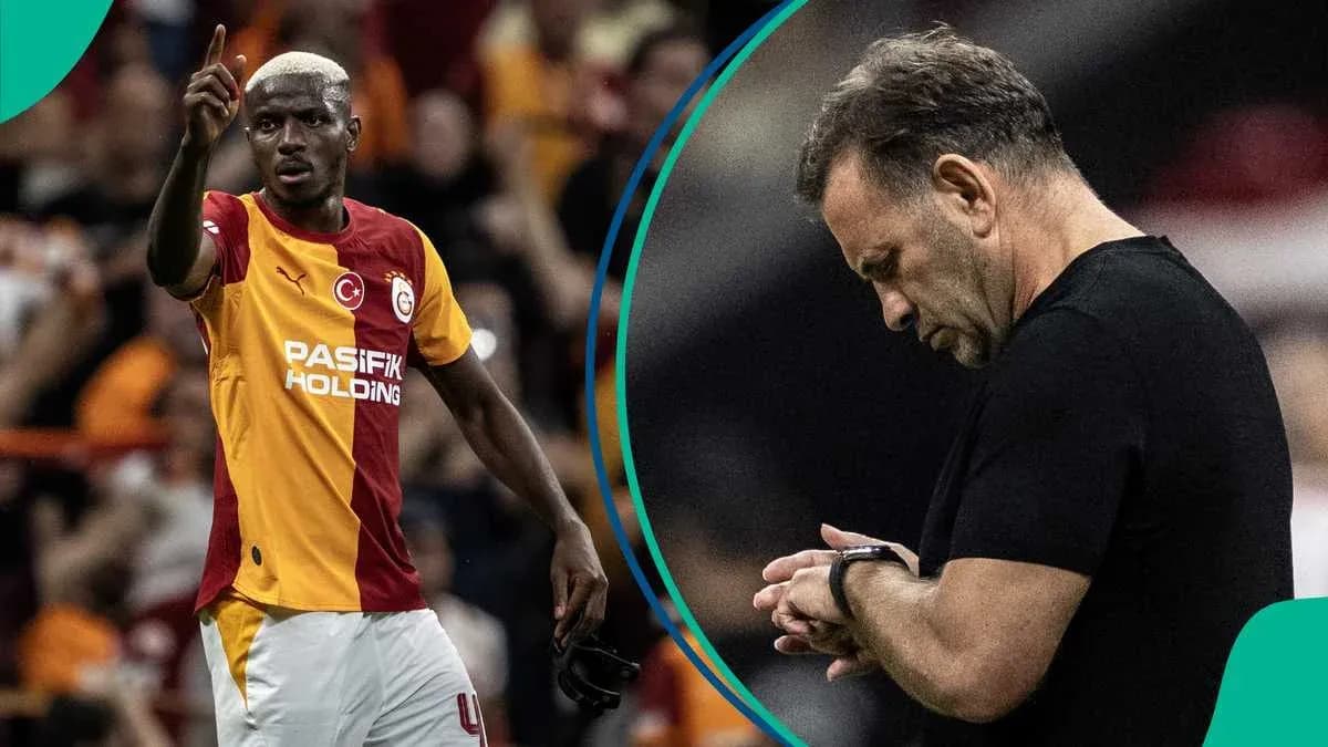 Galatasaray player signaling during match with coach observing