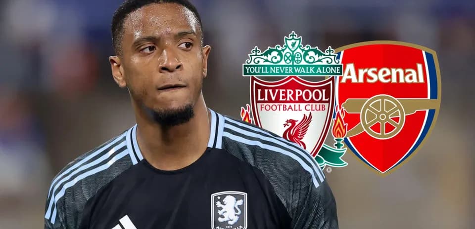Goalkeeper with Liverpool and Arsenal logos in background