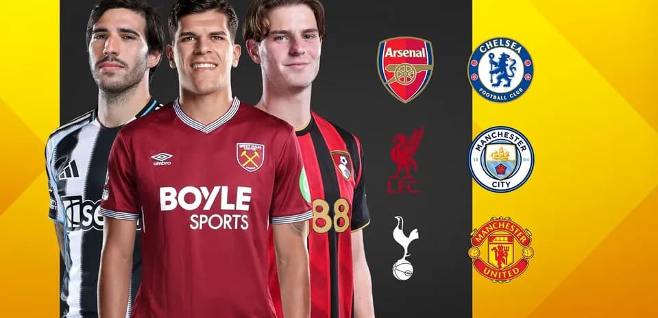 Three football players in team jerseys with logos