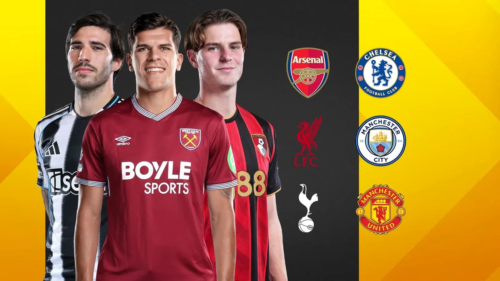 Three football players in team jerseys with logos