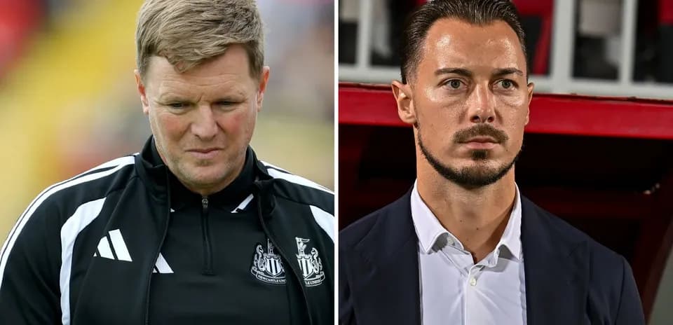 Two football managers during a match split image