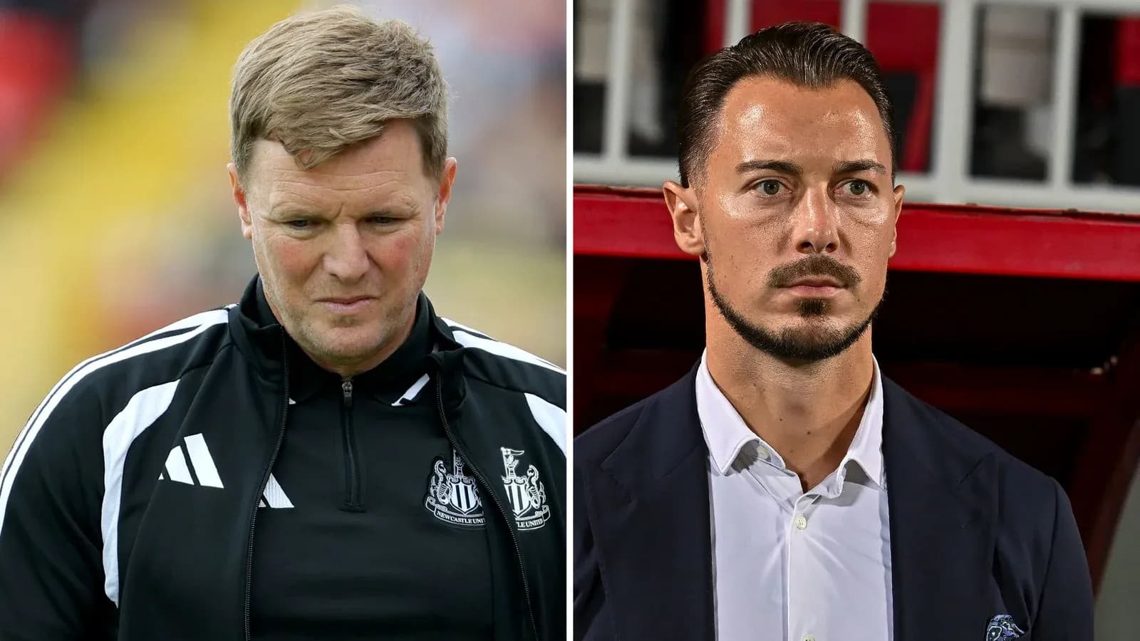 Two football managers during a match split image