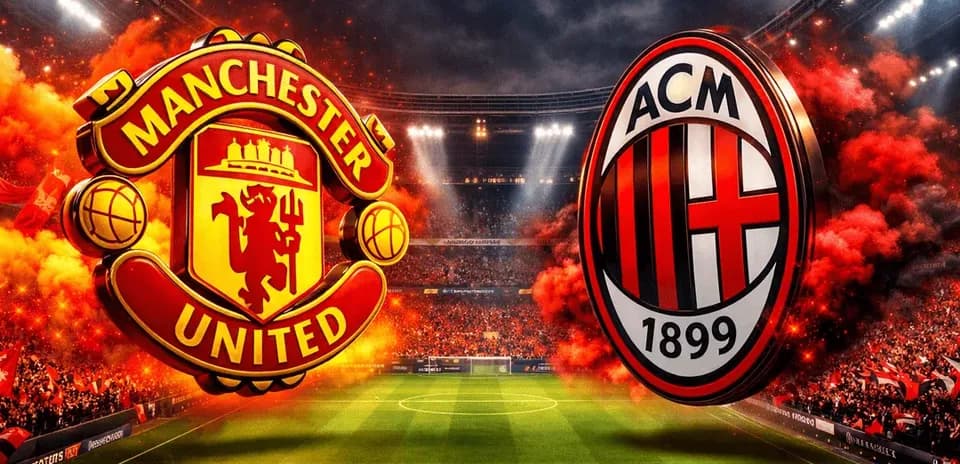 Manchester United and AC Milan logos with stadium background