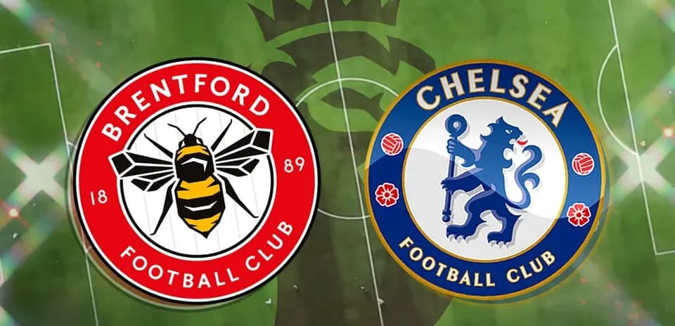 Brentford and Chelsea logos on football pitch