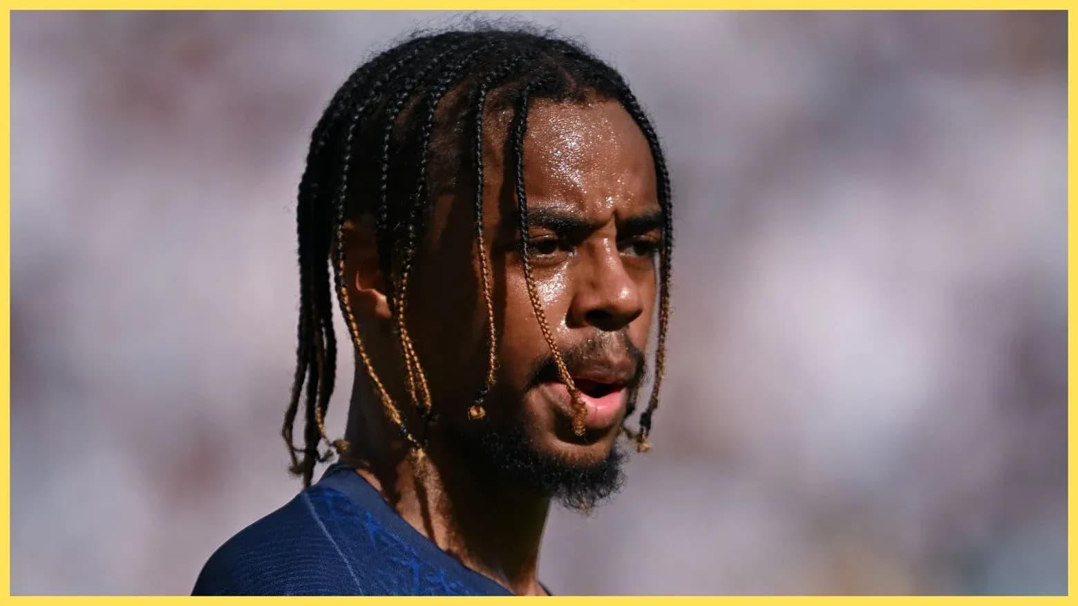 Player looking focused during warm-up on field