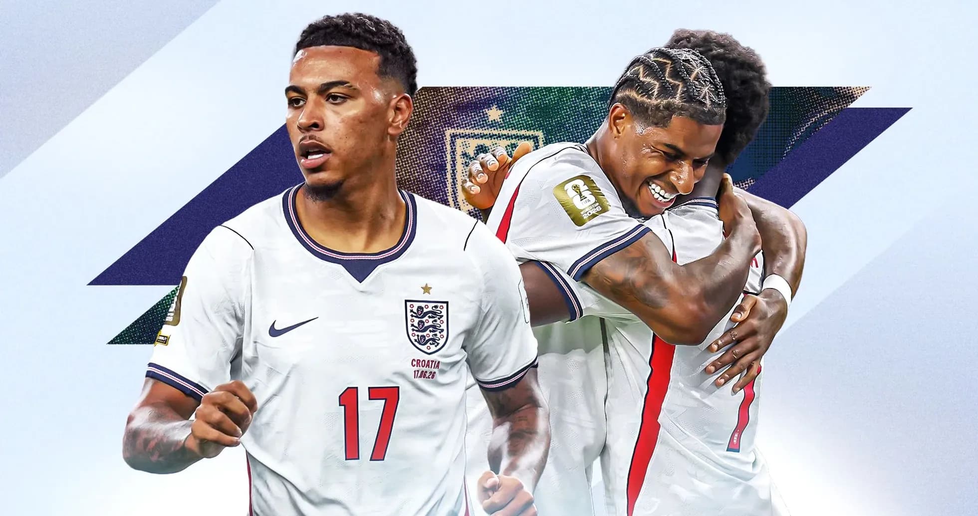 Two England players celebrating a goal together