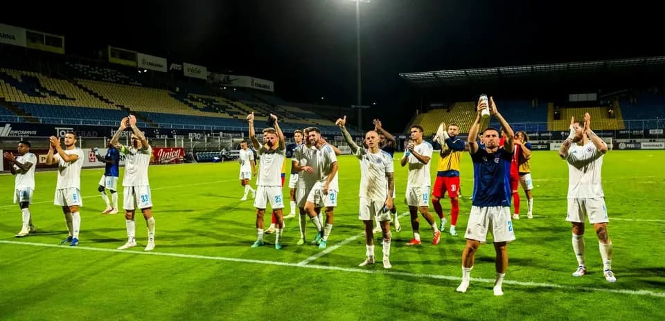 Players celebrating after the match in Celje