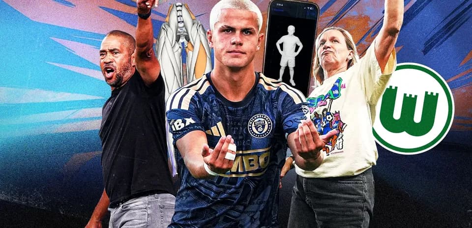 Three individuals celebrating with sports team logos
