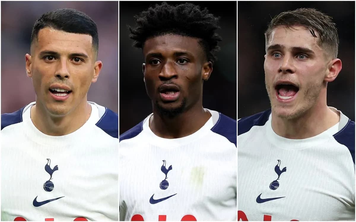 Three Tottenham Hotspur players in match jerseys