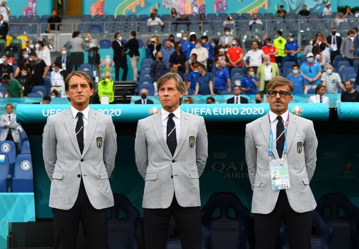 Coaching staff standing on sidelines during UEFA Euro 2020