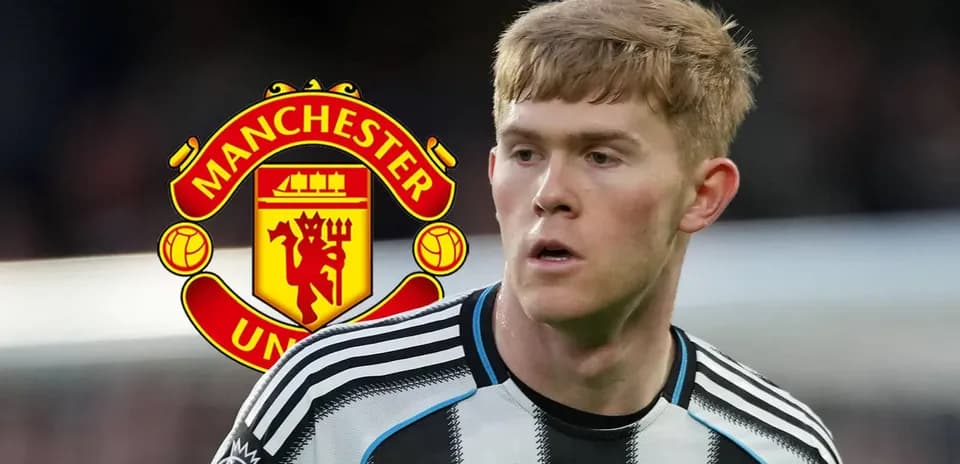 Player in Newcastle kit with Manchester United logo background