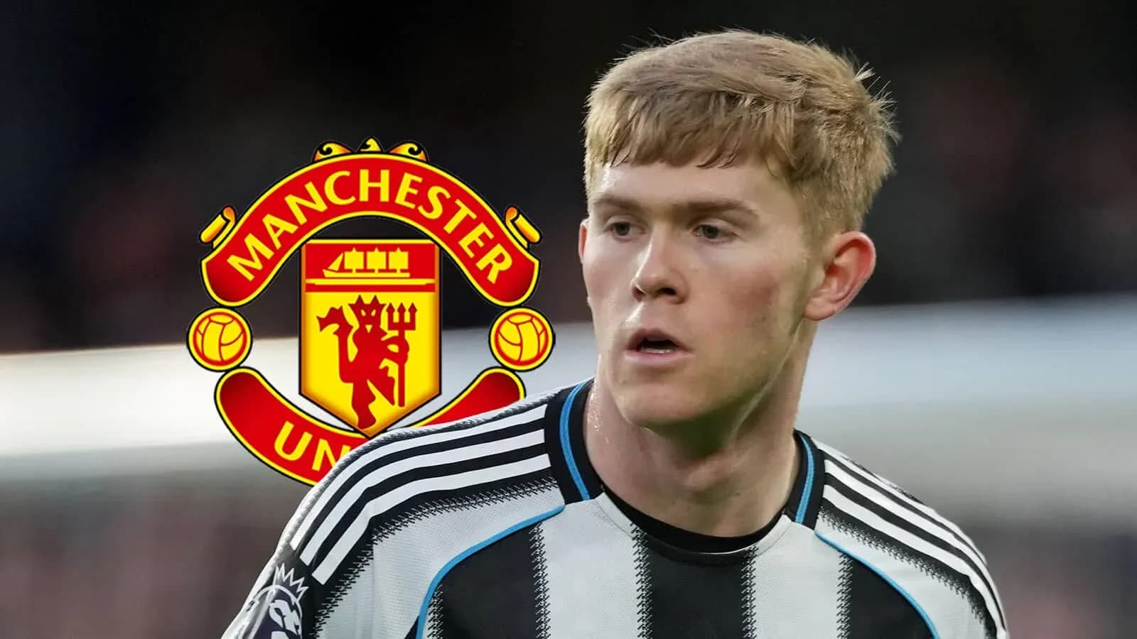 Player in Newcastle kit with Manchester United logo background