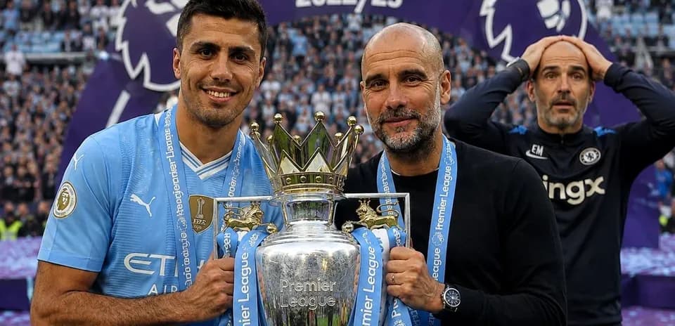 Player and manager celebrating Premier League trophy victory