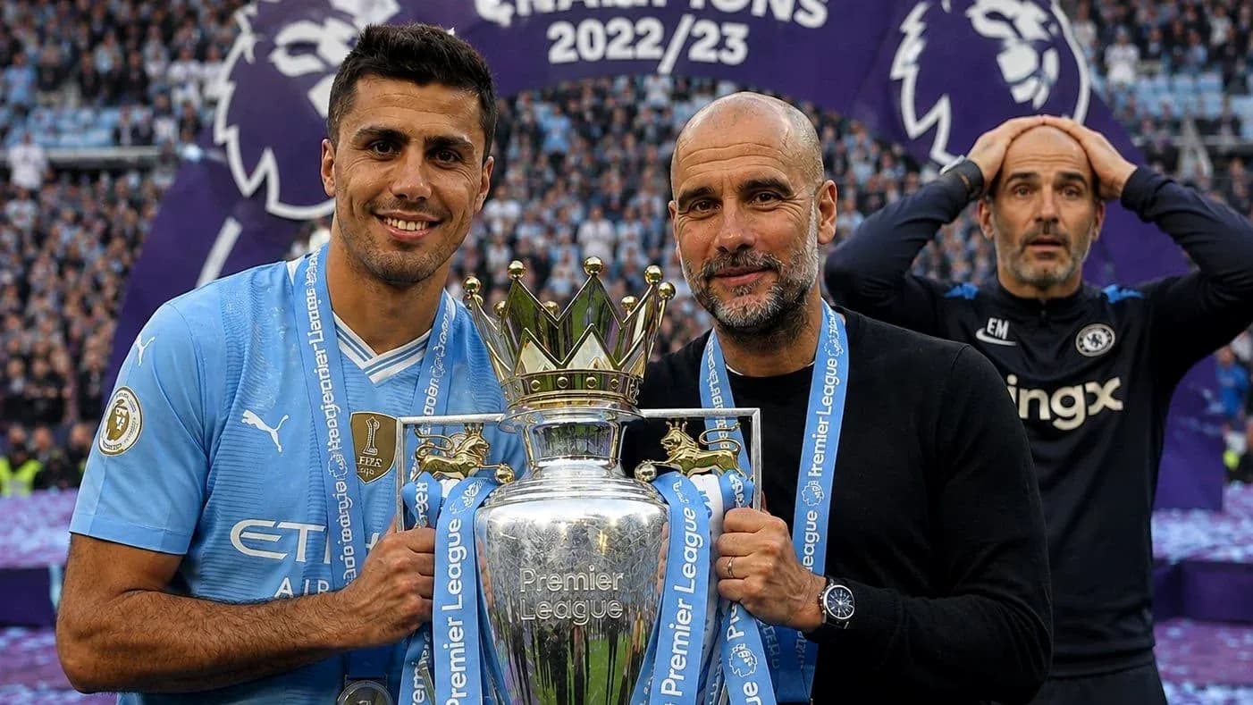 Player and manager celebrating Premier League trophy victory