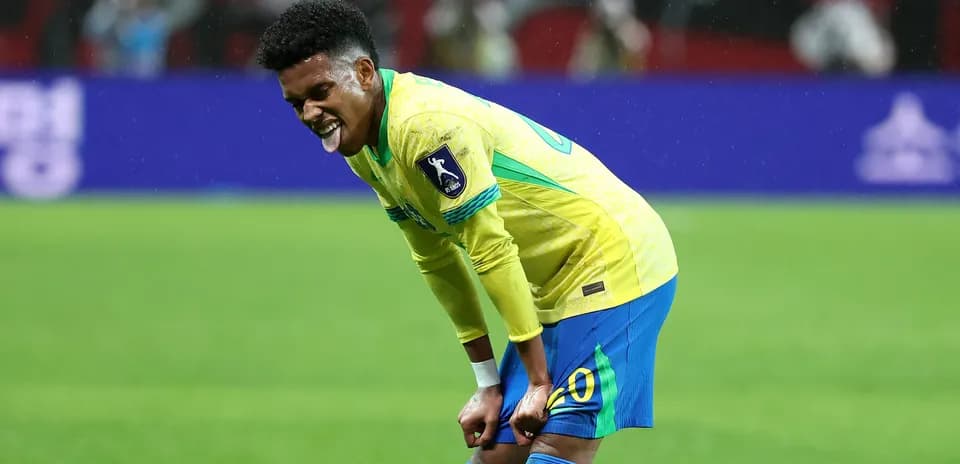 Brazilian player reacting during a match on field