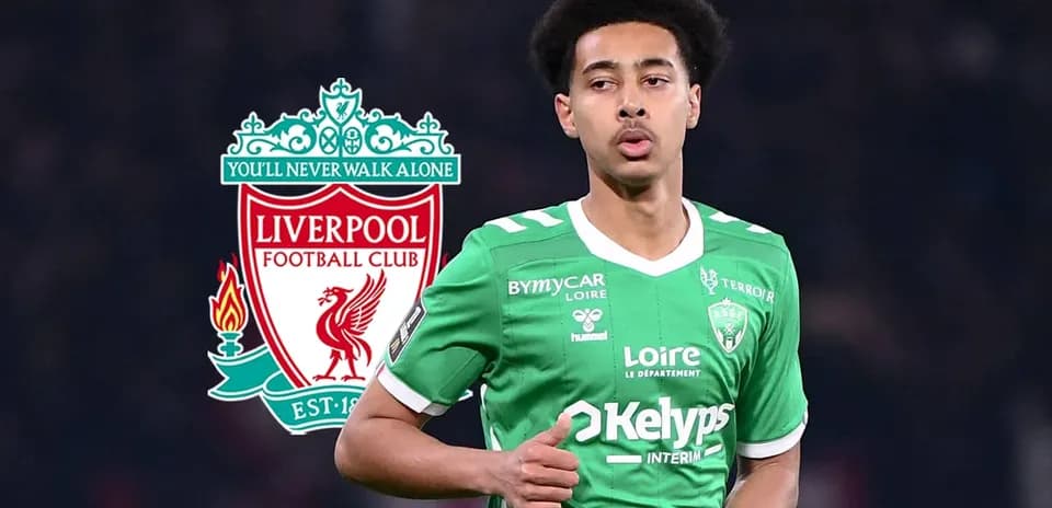 Player in green kit with Liverpool logo in background