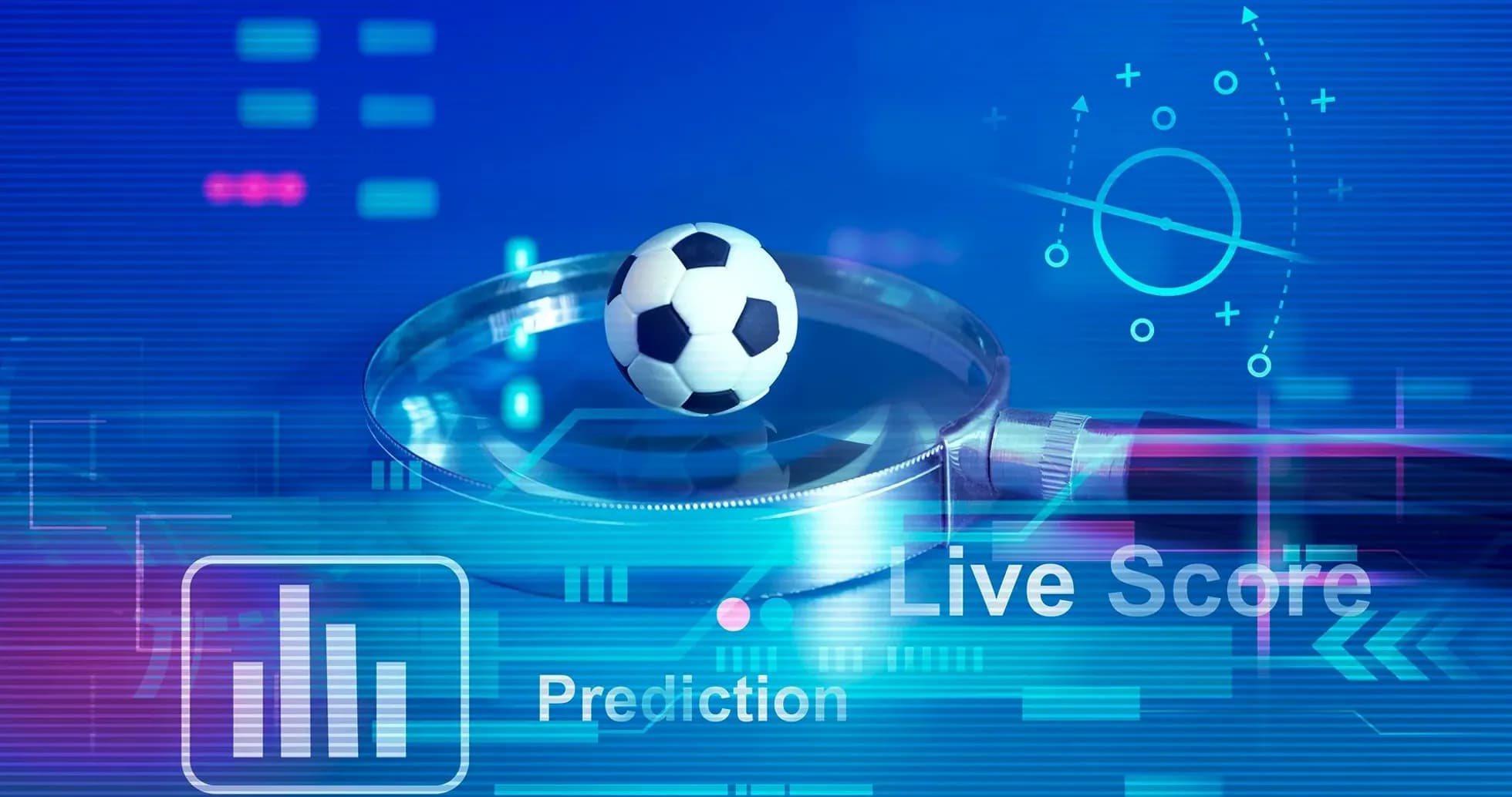 Soccer ball under magnifying glass with data graphics