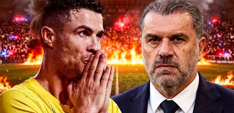 Cristiano Ronaldo and coach facing fiery stadium backdrop