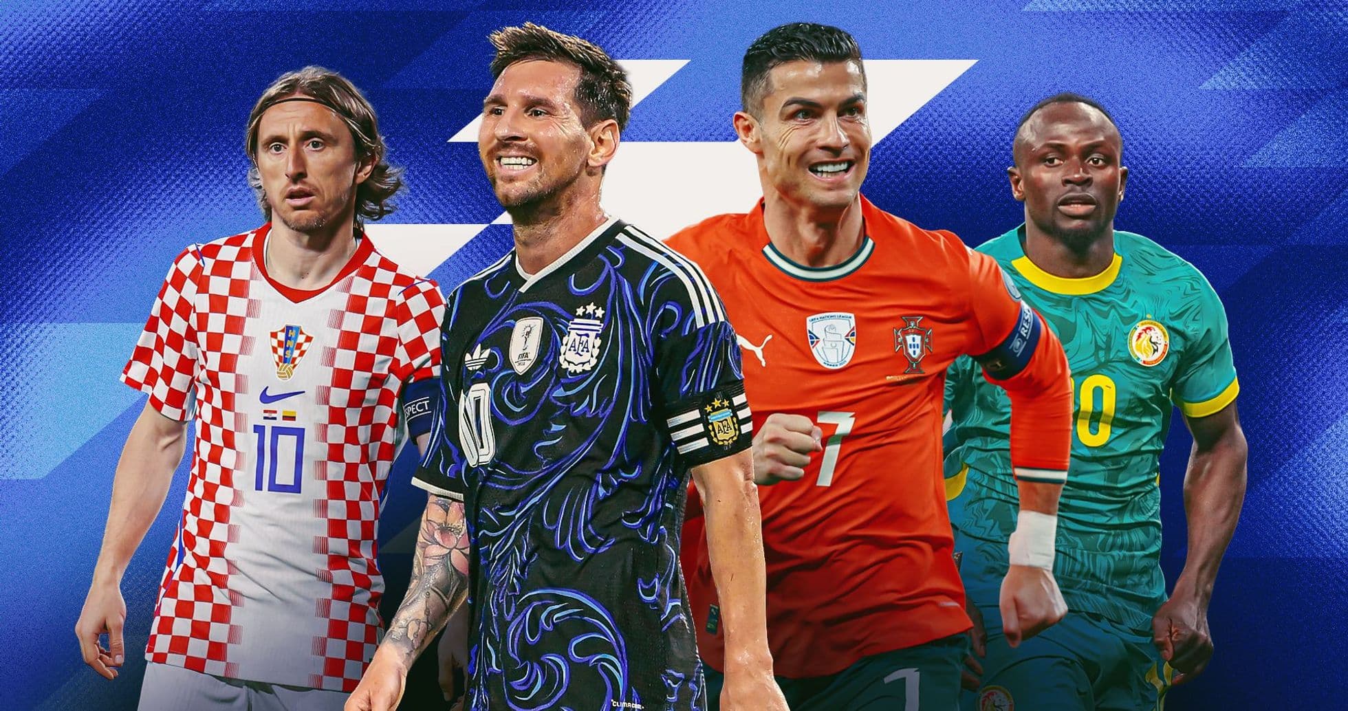Four soccer players in national team jerseys