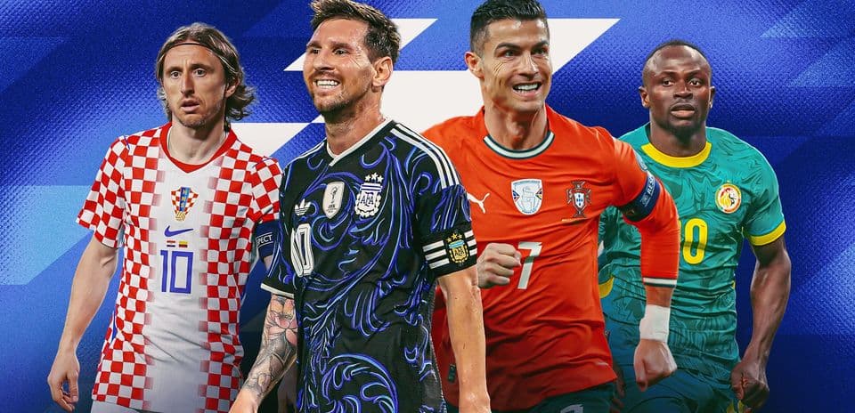 Four soccer players in national team jerseys