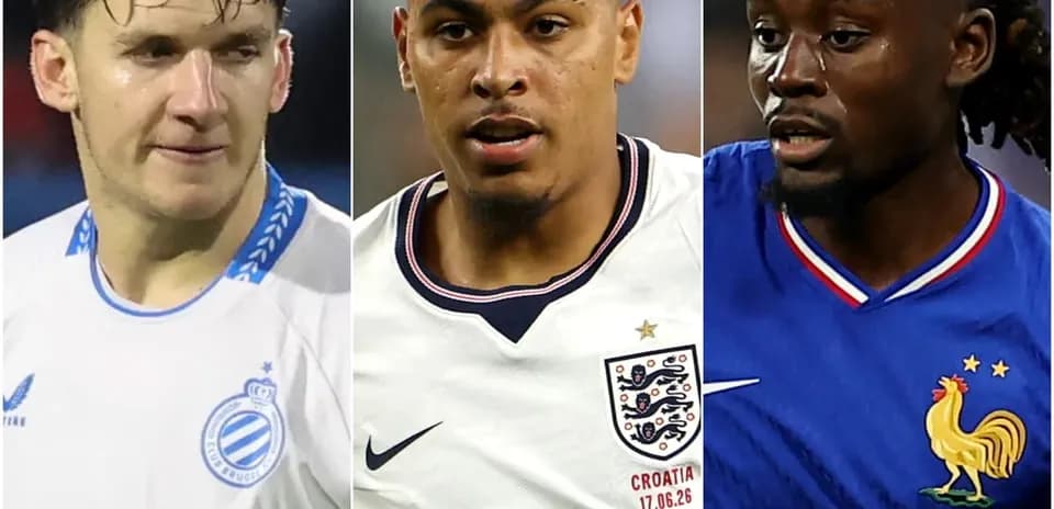 Three football players in their national team jerseys