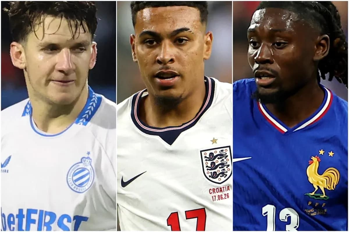 Three football players in their national team jerseys