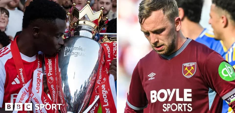 Player holding Premier League trophy, another player looking down
