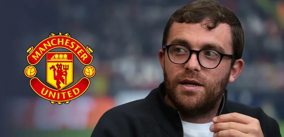 Person discussing Manchester United with logo in background
