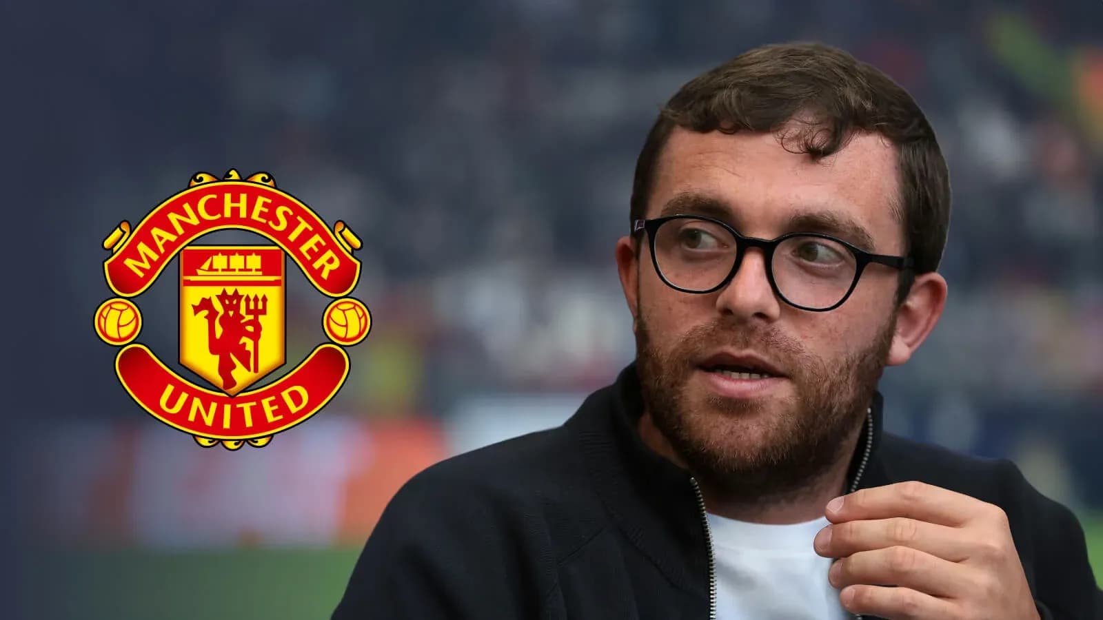 Person discussing Manchester United with logo in background