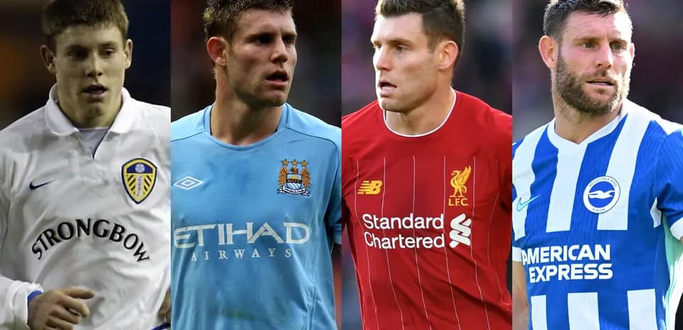 Four football players in team jerseys over the years