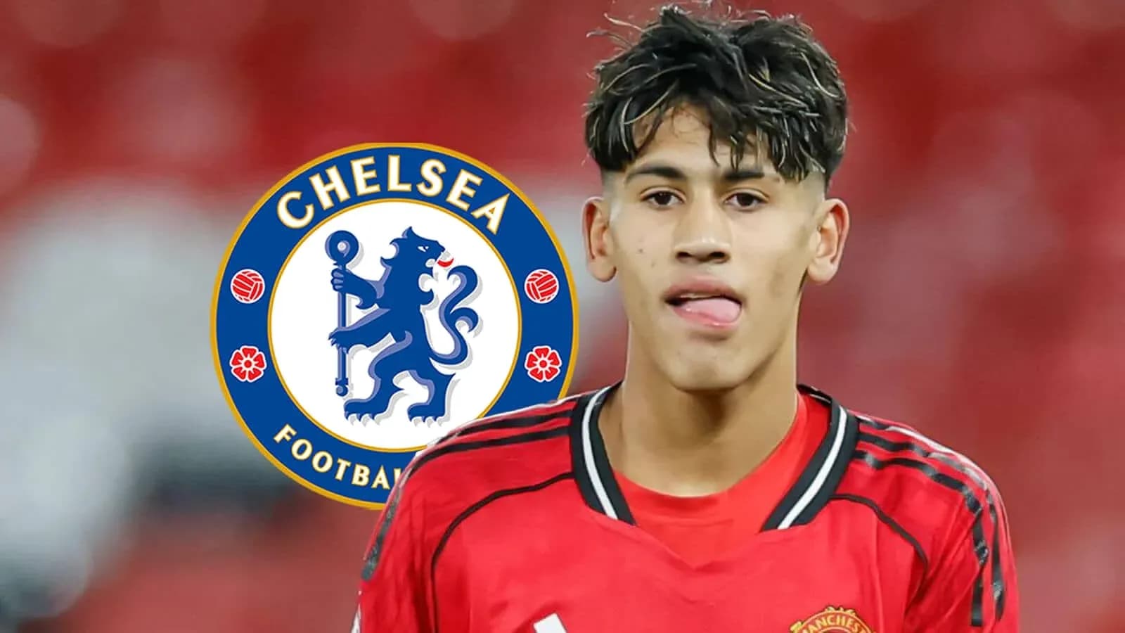 Young player in red jersey with Chelsea logo background