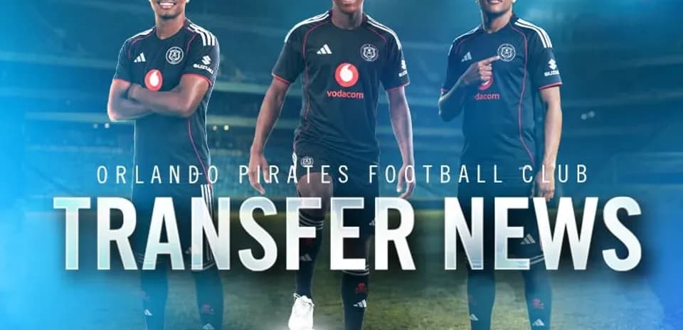 Three Orlando Pirates players in black kits promoting transfer news