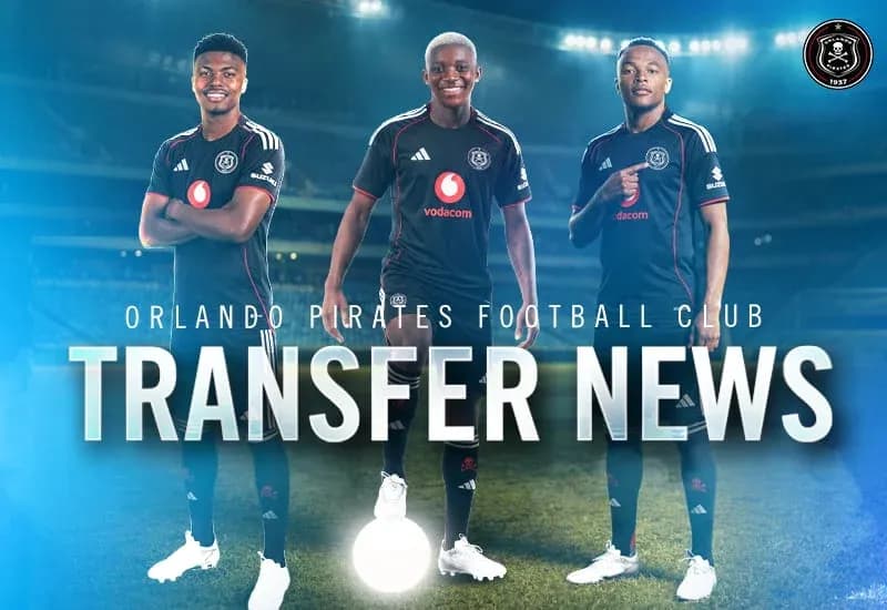 Three Orlando Pirates players in black kits promoting transfer news