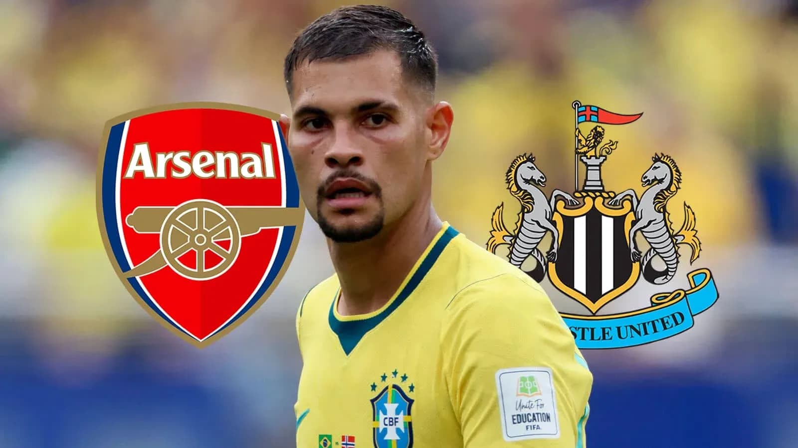Player in Brazil kit with Arsenal and Newcastle logos