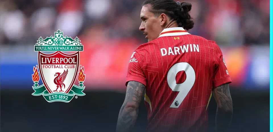 Player wearing Liverpool jersey with name Darwin and number 9