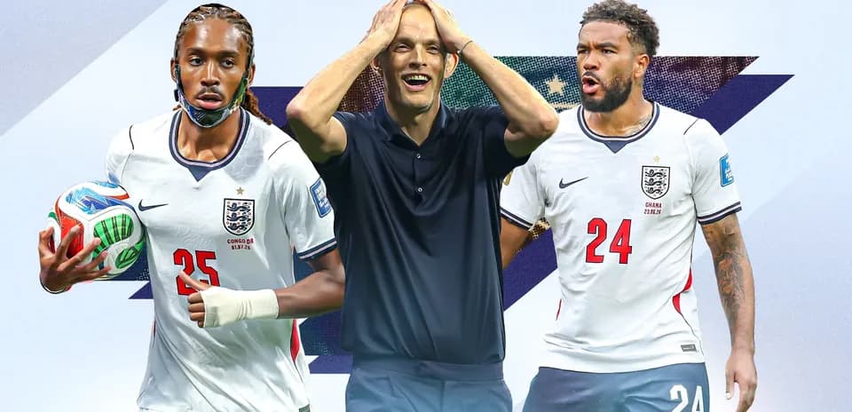 Three football players and coach in England jerseys