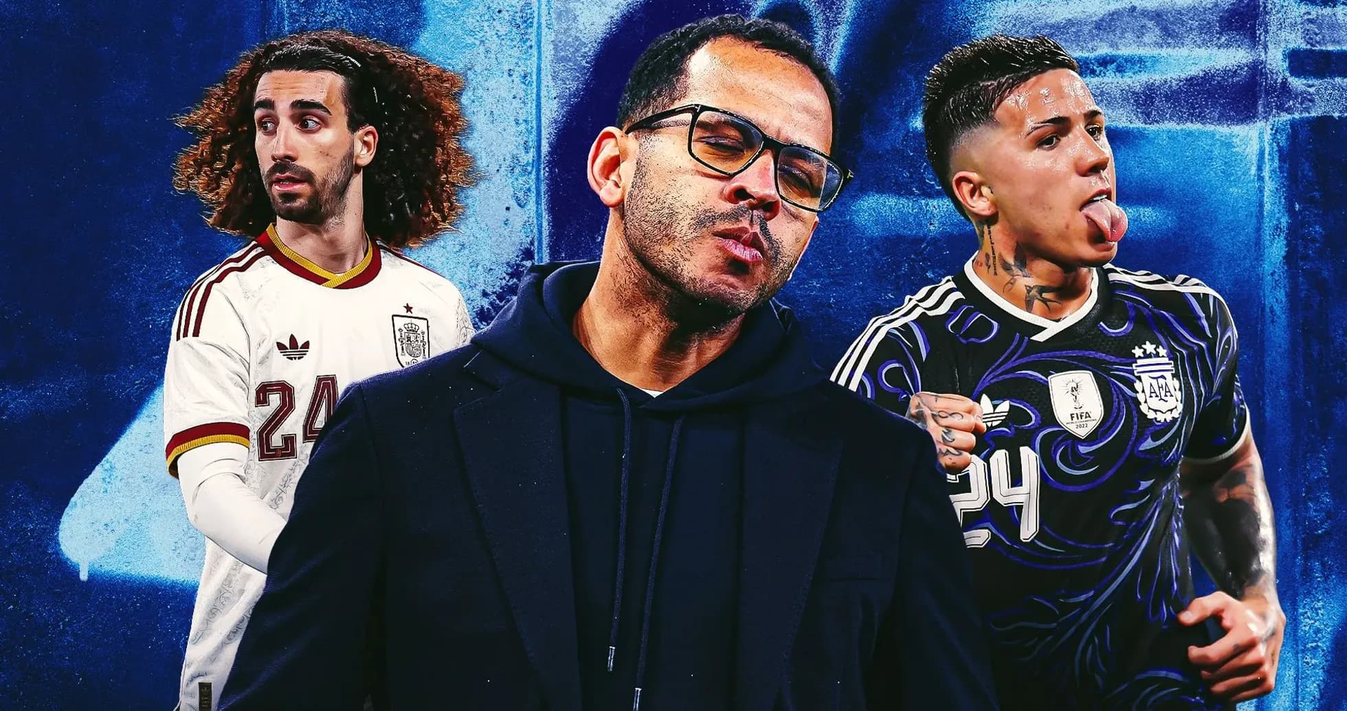 Three soccer players in action poses with vibrant background